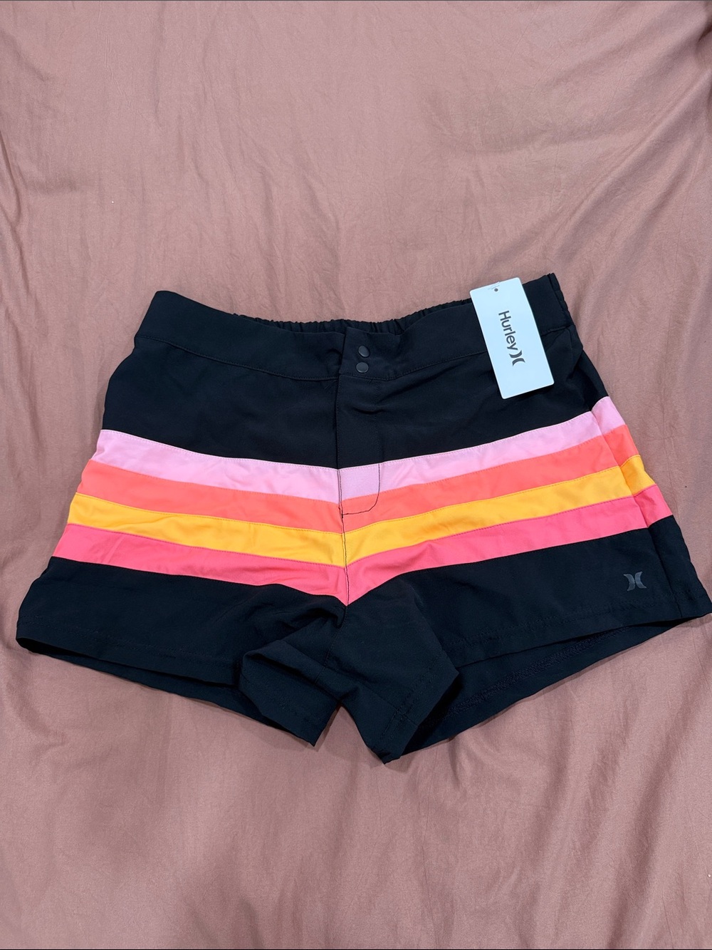 Hurley Women's Black Athletic Shorts with Pink, Coral & Yellow Stripes